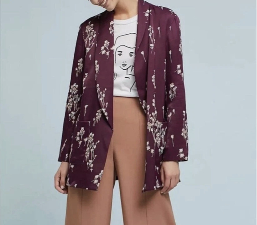 ett twa Anthropologie Tavie Blazer Boho Floral Satin Jacket Pockets Size XS New
